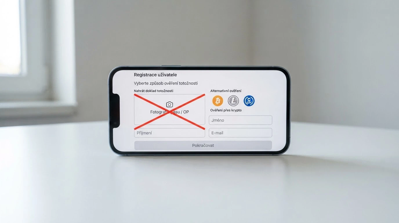 Obrazovka s výzvou k registraci, kde je políčko pro doklady totožnosti přeškrtnuté — vedle ikony kryptoměn (BTC, ETH, USDT) jako alternativní identita.