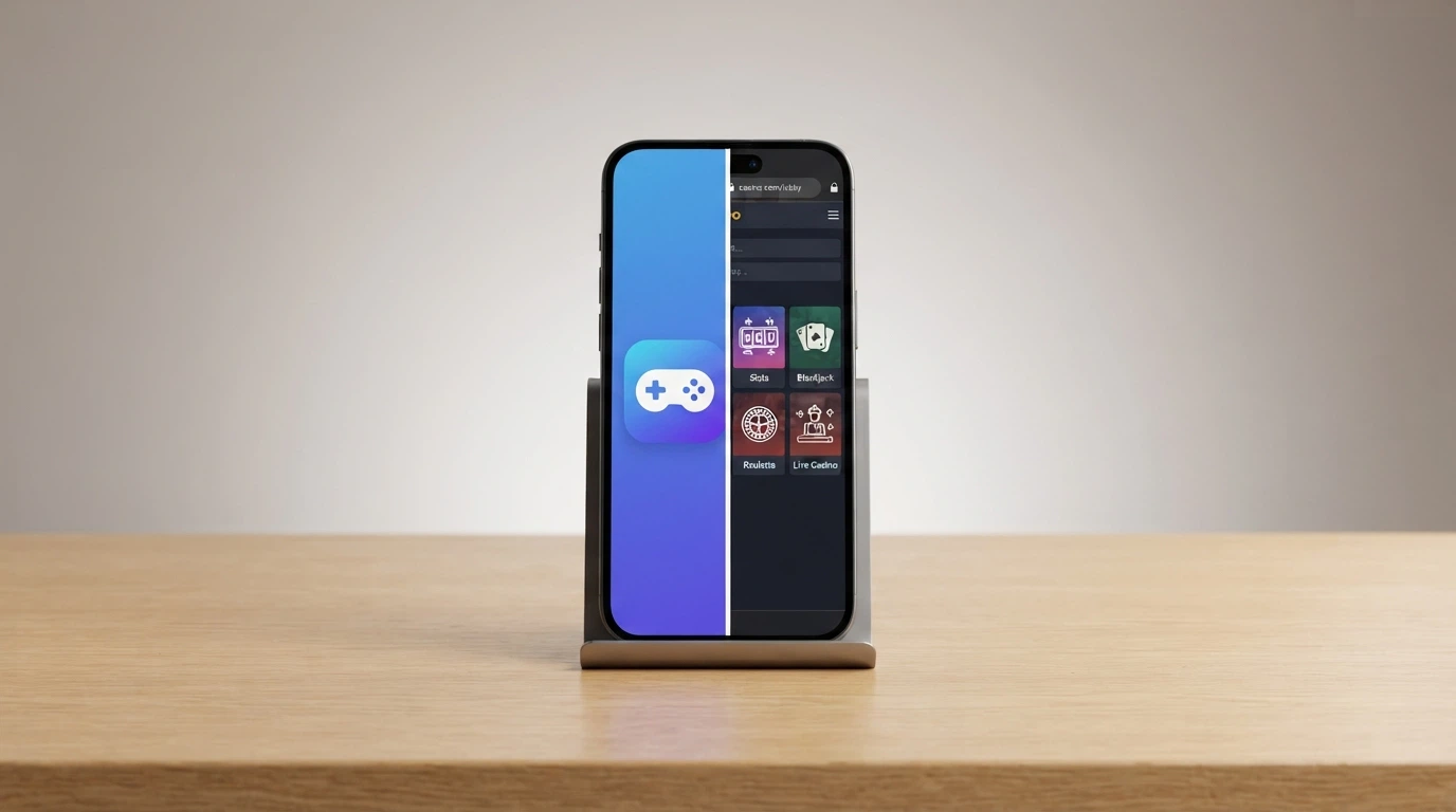 Telefon rozdělený napůl: vlevo ikona nativní aplikace, vpravo ikona prohlížeče