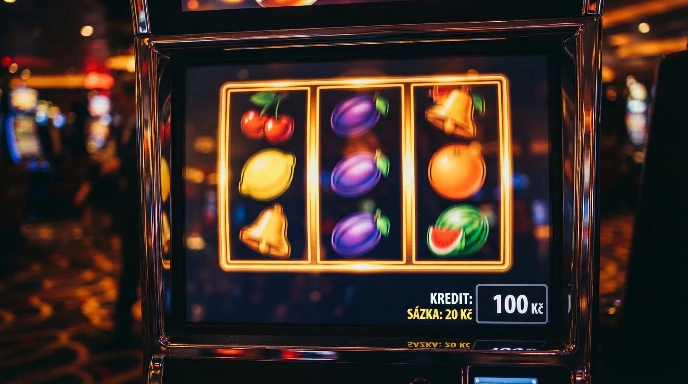 Roztočený výherní automat s barevnými symboly ovoce a bonusovými prvky, v rohu obrazovky stav konta 100 Kč