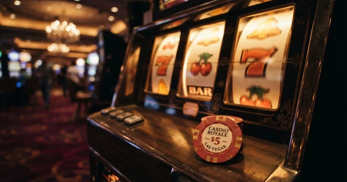 Roztočené válce výherního automatu s českými korunami v popředí, obrazovka casino lobby na pozadí