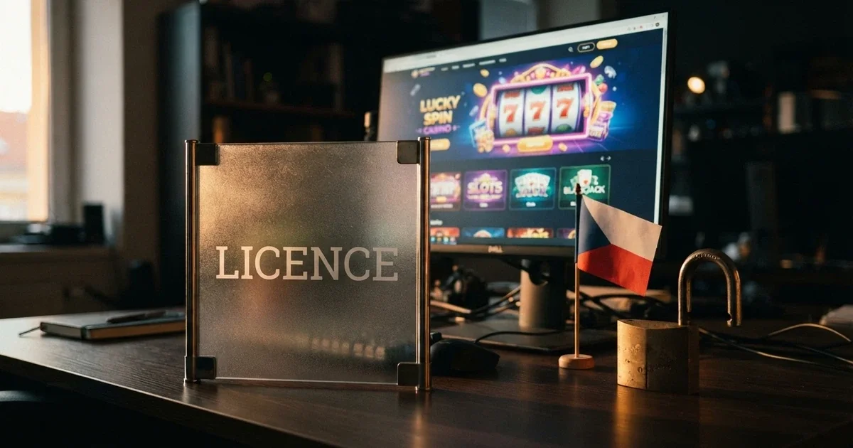 Symbolické vyobrazení bezpečnosti online casina — štít s nápisem „licence“, visací zámek a česká vlajka na pozadí monitoru