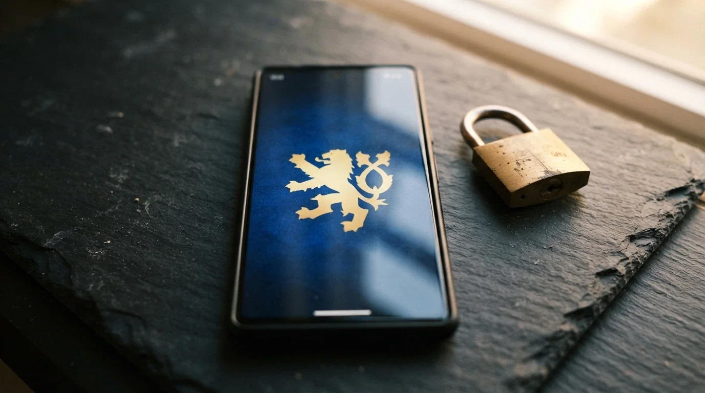 Detail českého znaku nebo úřední pečeti na displeji telefonu, vedle symbol zámku