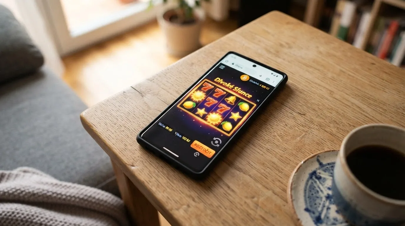 Mobilní telefon s otevřenou kasinovou hrou v prohlížeči a ikonou bitcoinu ve stavovém řádku