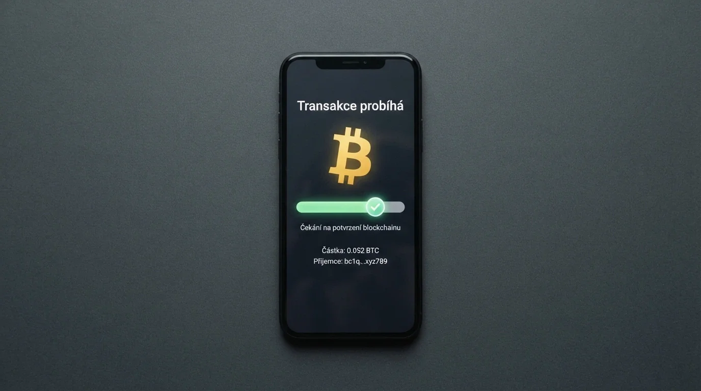 Bitcoinová transakce na displeji telefonu s ukazatelem průběhu potvrzení