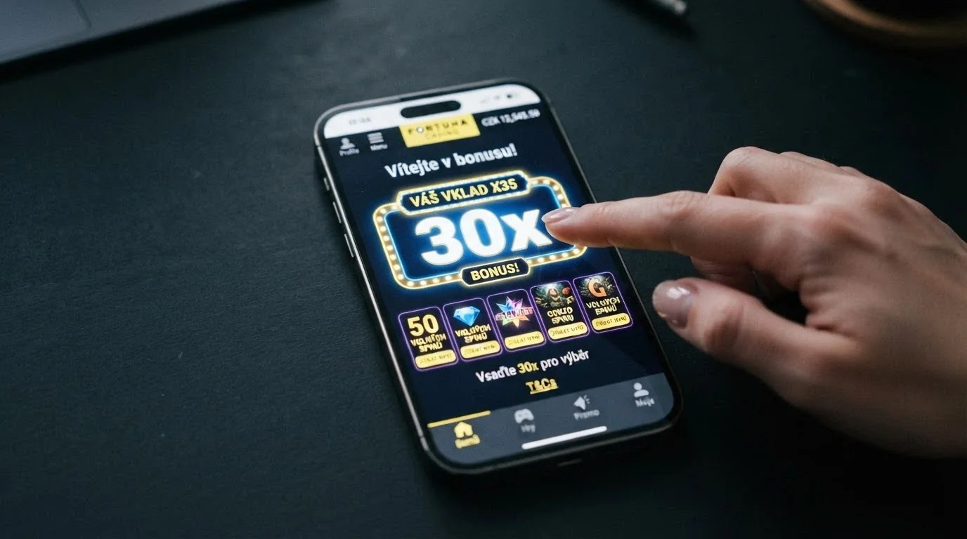 Detail bonusových podmínek na obrazovce — zvýrazněné číslo wagering násobku a počet free spinů.
