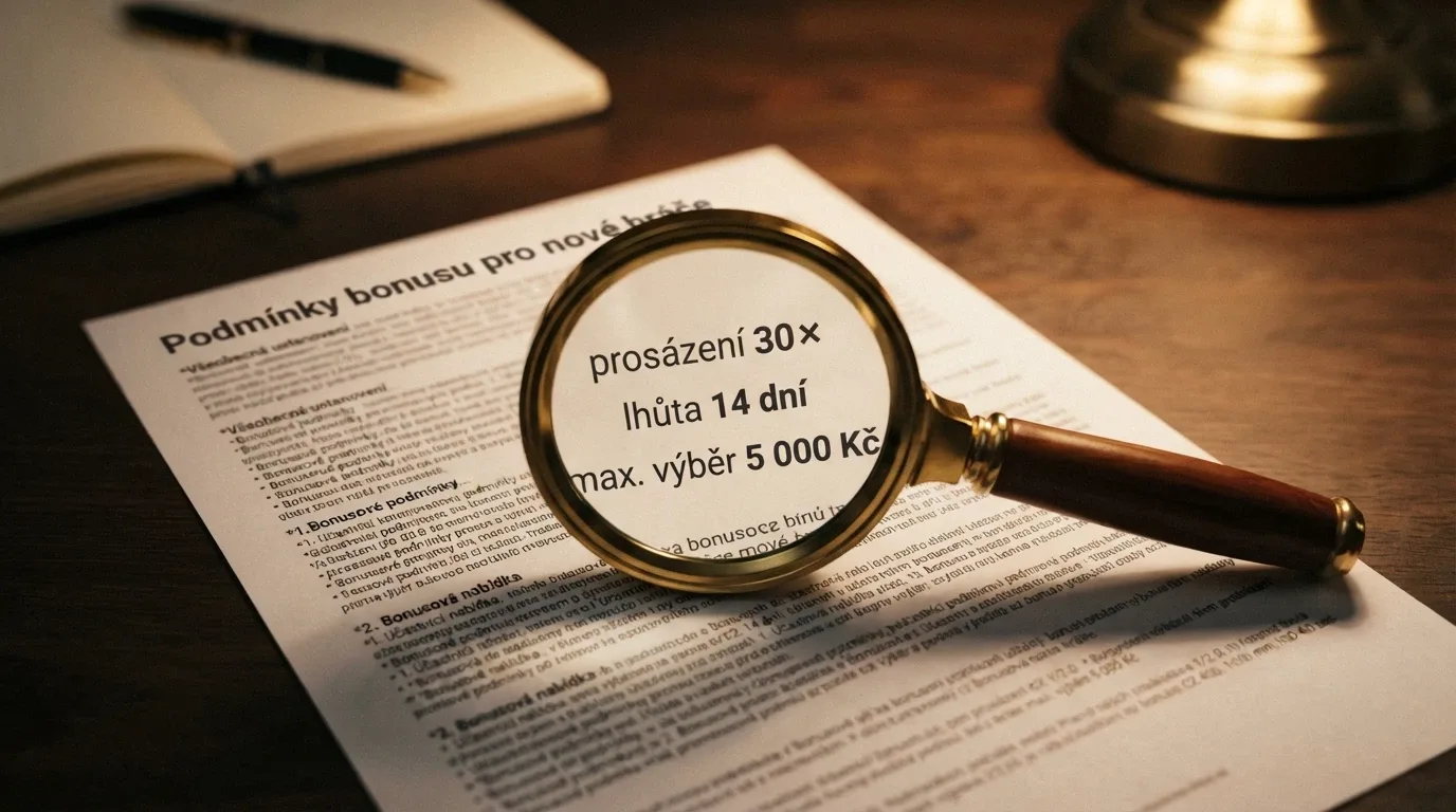 Zvětšovací sklo nad textem bonusových podmínek — zvýrazněné části o prosázení, časovém limitu a maximálním výběru