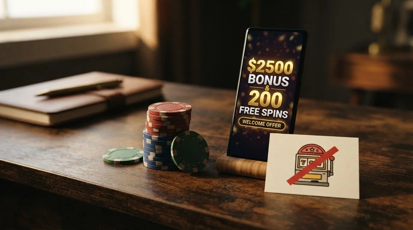 Stylizované zobrazení welcome bonusu — české koruny a žeton s nápisem live blackjack, vedle ikona automatu přeškrtnutá