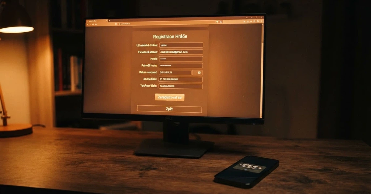 Registrační formulář českého online casina na monitoru počítače, vedle něj mobil s potvrzovací zprávou