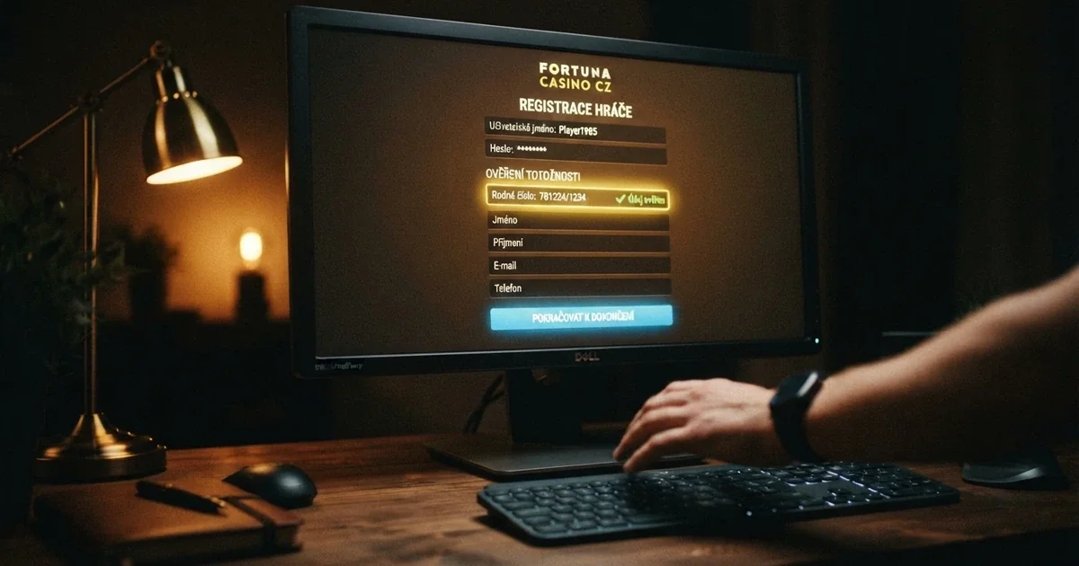 Výřez z monitoru zobrazujícího registrační formulář online casina s polem pro ověření bankovní identity