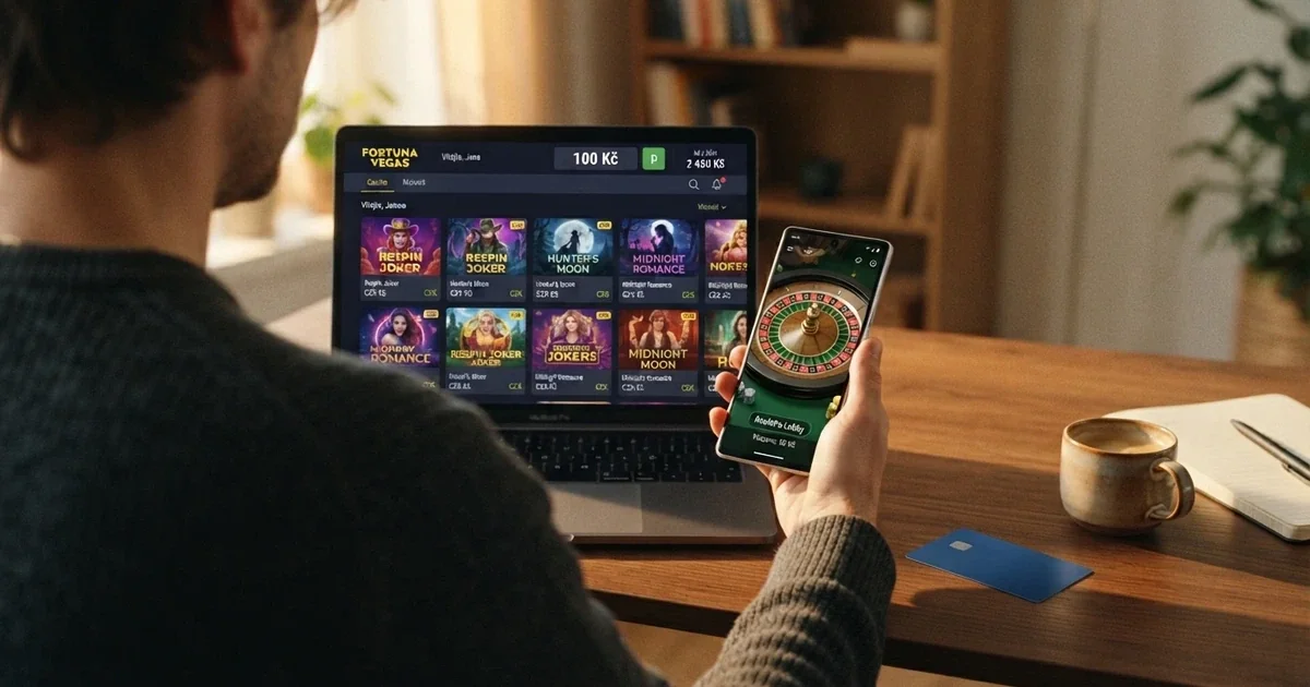Hráč u notebooku s mobilem v ruce, na stole leží platební karta a na obrazovce svítí online casino s nabídkou vkladu 100 Kč