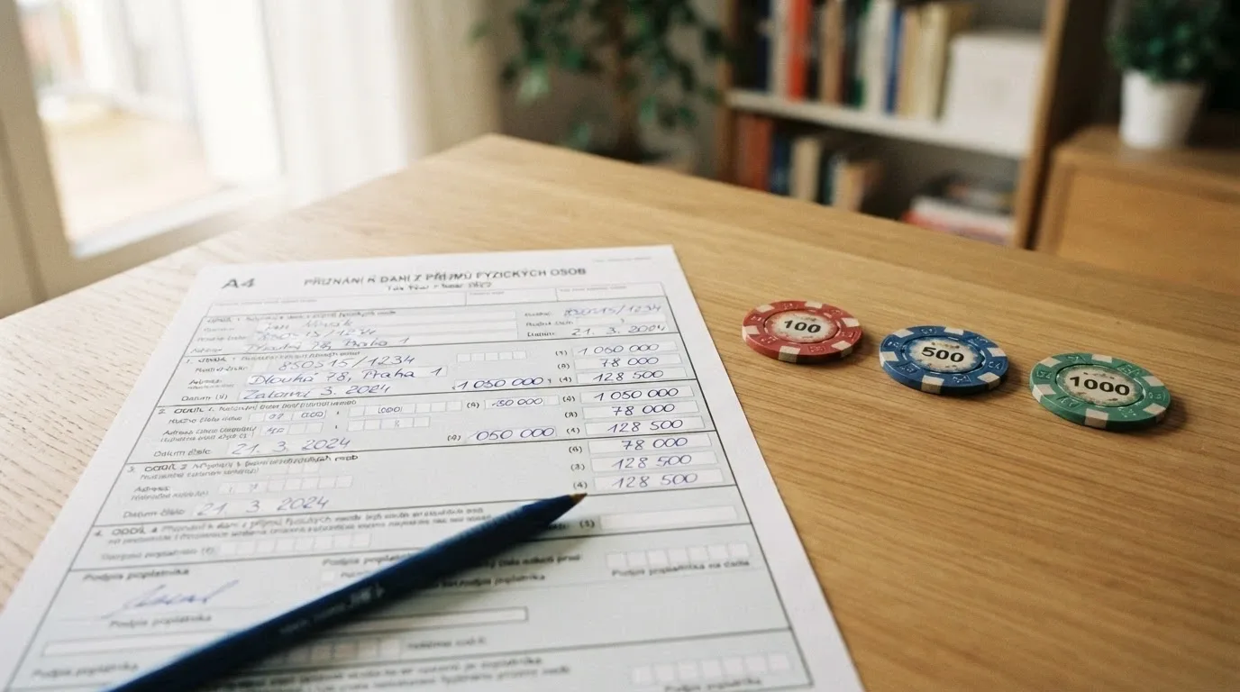 Daňové přiznání a vedle něj bankovky — vizuální připomínka daňové povinnosti