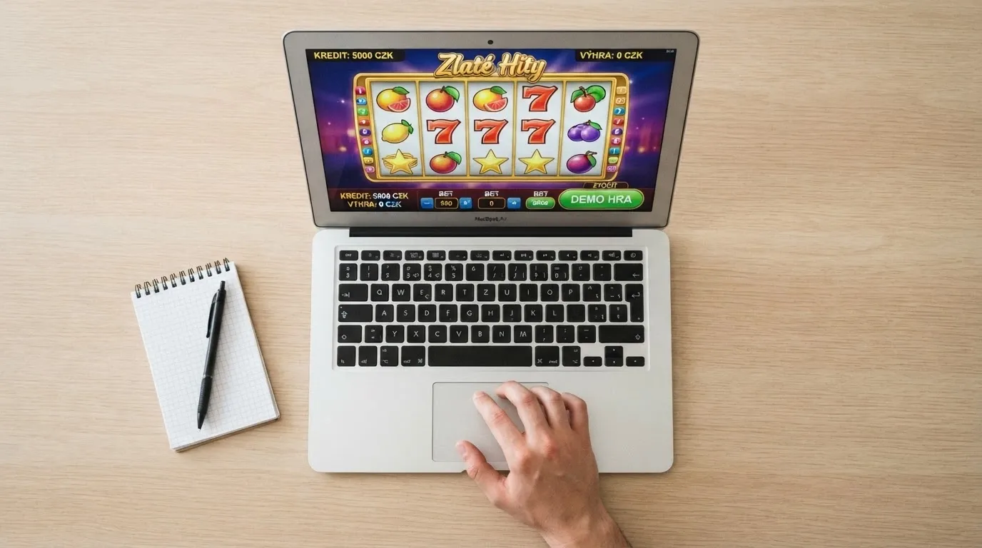 Dlaň najíždí myší na tlačítko „demo hra“ na rozhraní online automatu, na pozadí hrací plocha s virtuálními kredity