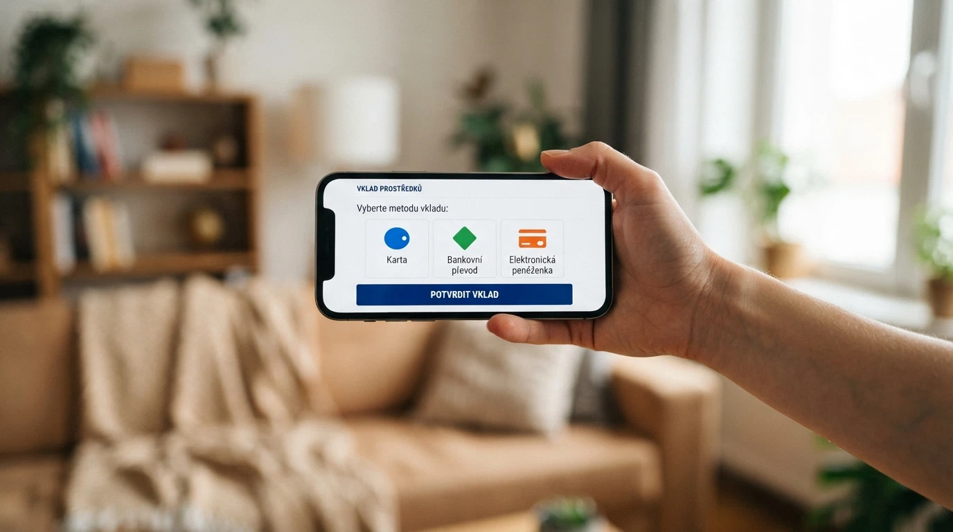 Mobilní telefon zobrazující loga platebních metod — Skrill, Neteller, Paysafecard — s kurzorem nad tlačítkem vkladu