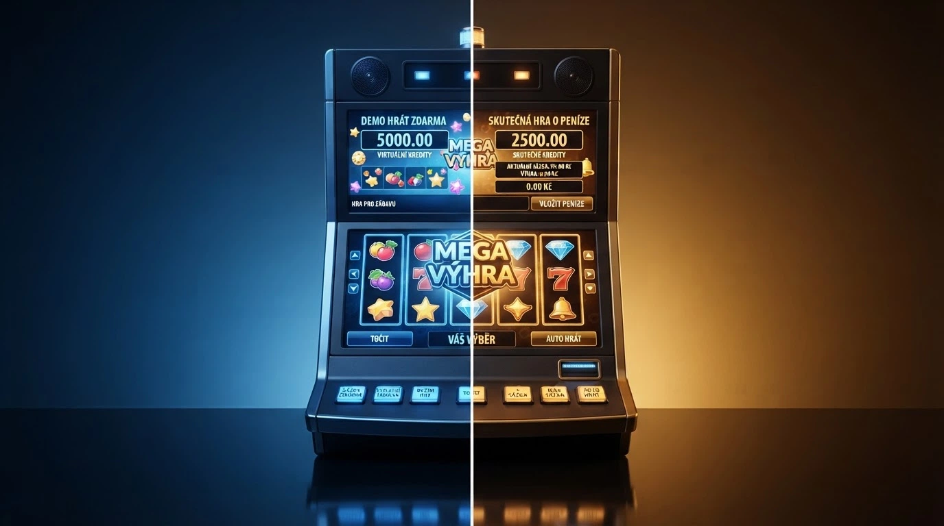 Hrací automat rozdělený napůl — levá strana v odstínech modré s nápisem DEMO, pravá strana v odstínech zlaté s hodnotami sázek — vizuální rozhodovací bod