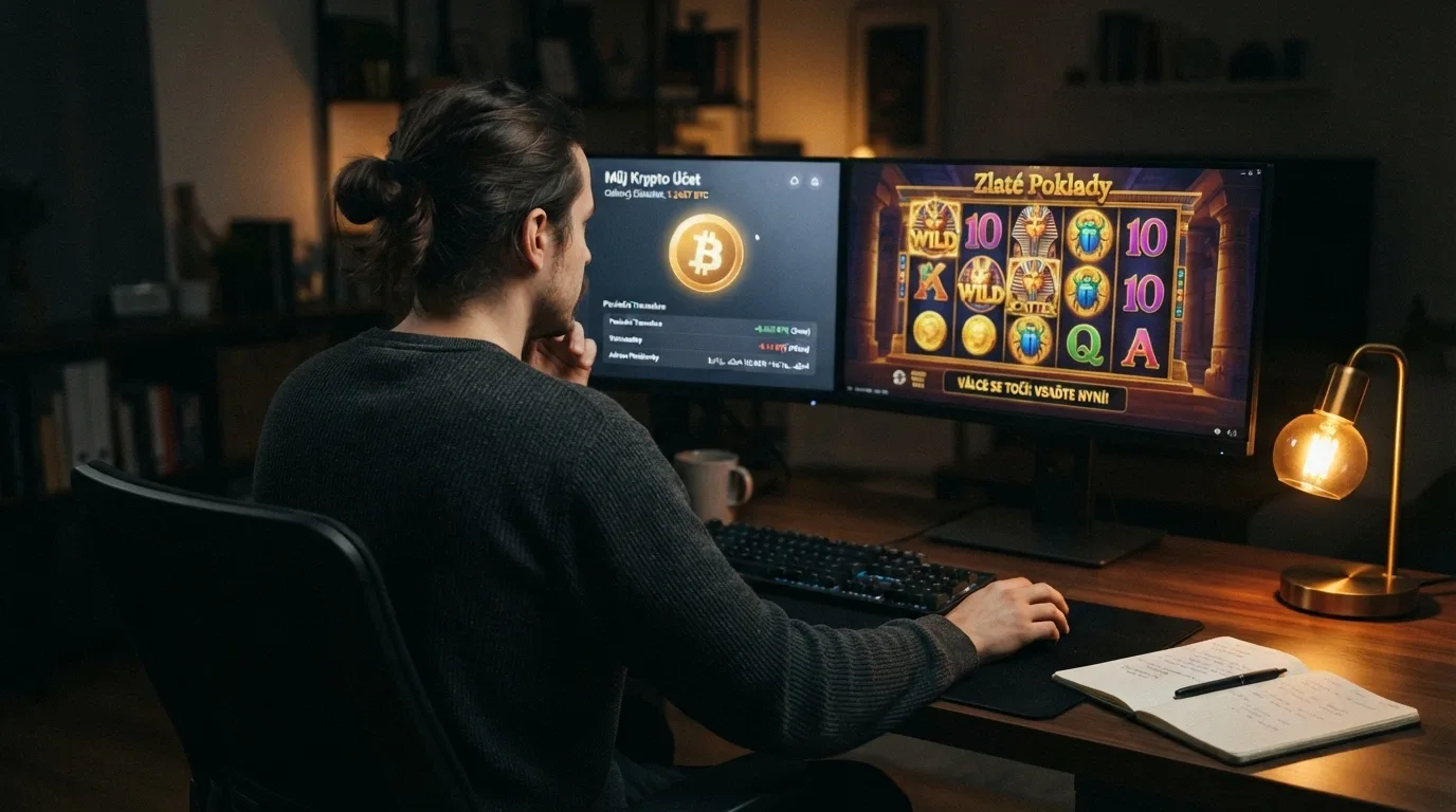 Hráč u notebooku s otevřenou bitcoinovou peněženkou na obrazovce a kasinovou hrou na druhém monitoru