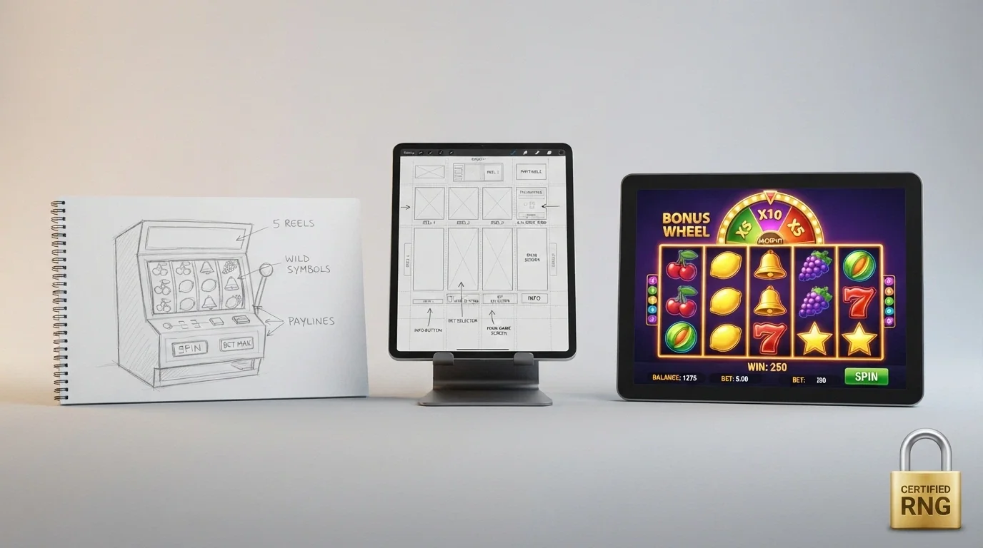Schéma vývoje — od skici na papíře přes wireframe obrazovky až po hotový automat s RNG certifikátem.