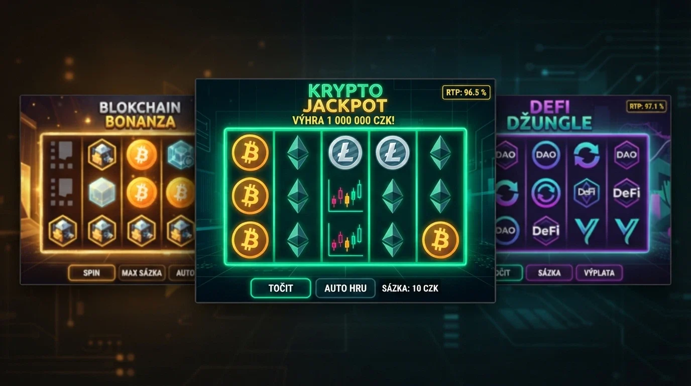 Koláž obrazovek tří krypto-themovaných slotů (Crypto Genesys, Crypto Bro, Crypto Degens) s viditelnými RTP hodnotami.