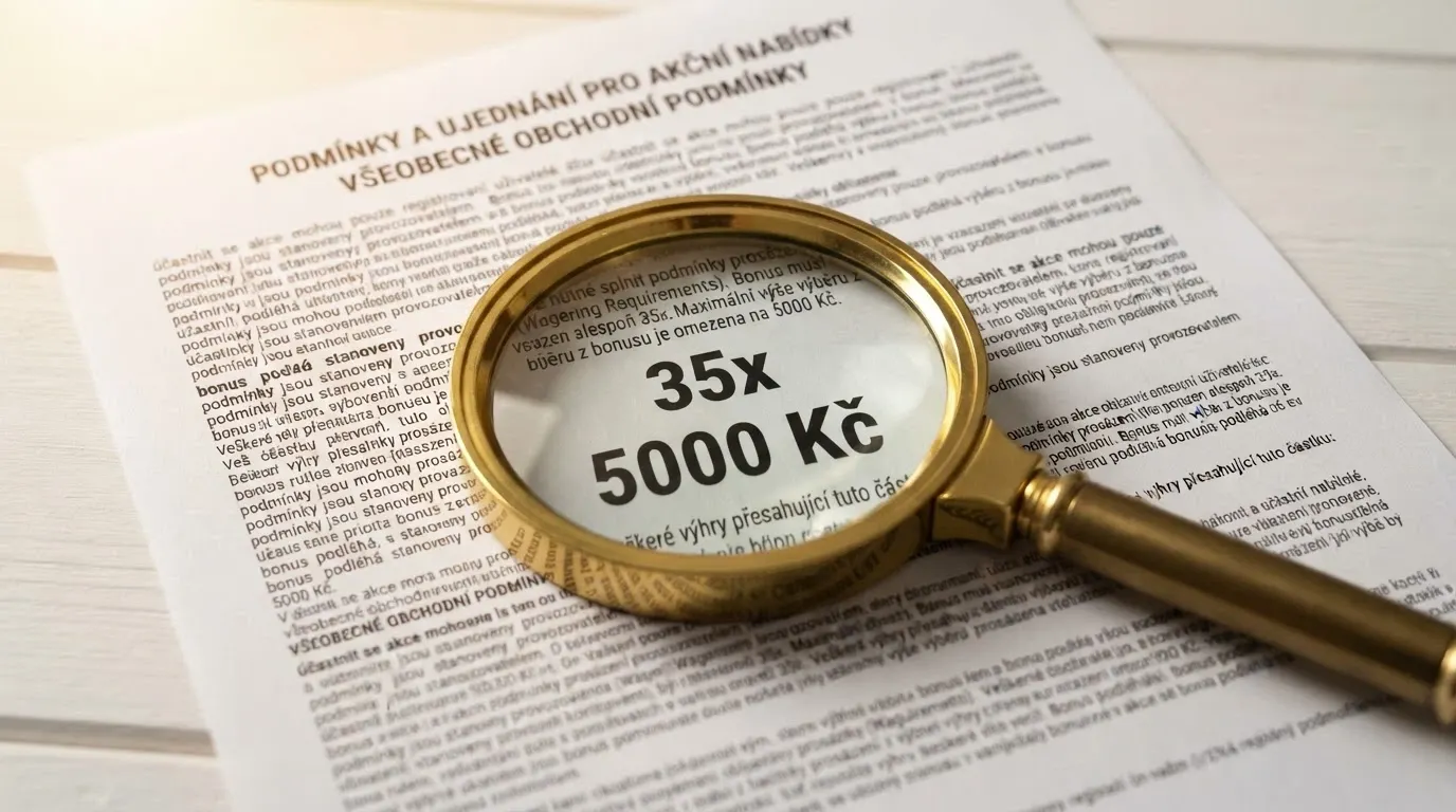 Detail bonusových podmínek pod lupou — čísla prostočení (40×) a částka maximálního výběru (€100) zvýrazněné mezi drobným písmem.