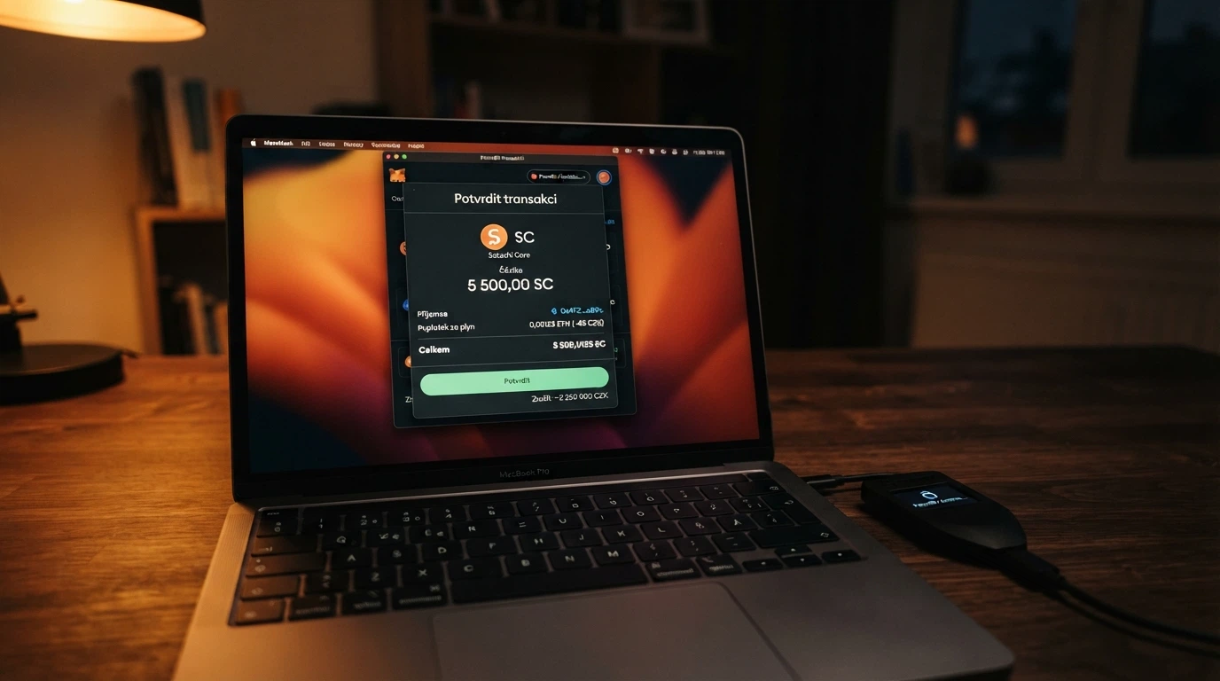 Obrazovka notebooku s BTC peněženkou a potvrzovacím dialogem transakce do online kasina