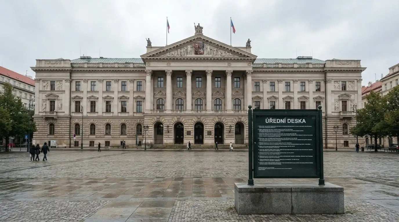 Budova Ministerstva financí ČR s logem a nápisem „Seznam licencovaných provozovatelů“ na úřední tabuli