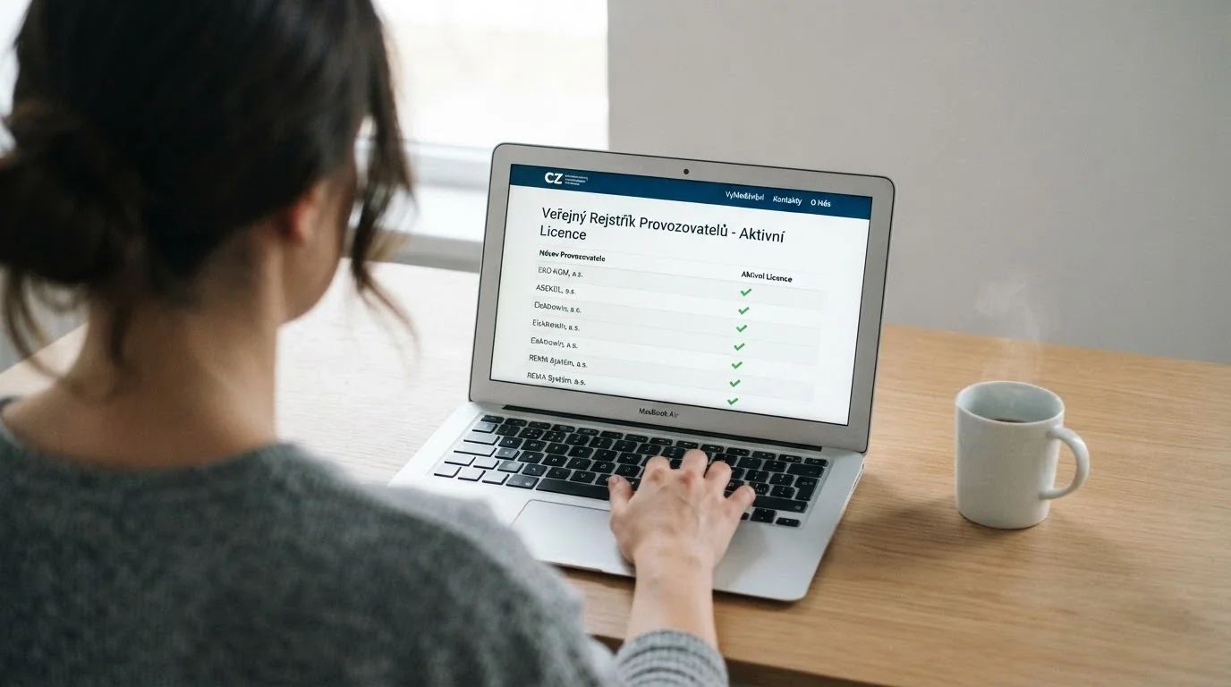Úřední dokument s razítkem Ministerstva financí ČR ležící vedle klávesnice s otevřenou stránkou online kasina