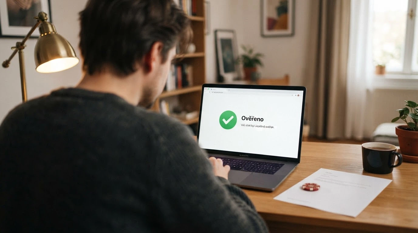 Detail licenčního certifikátu s razítkem jurisdikce a odkazem na veřejný registr vedle obrazovky s varováním MF ČR
