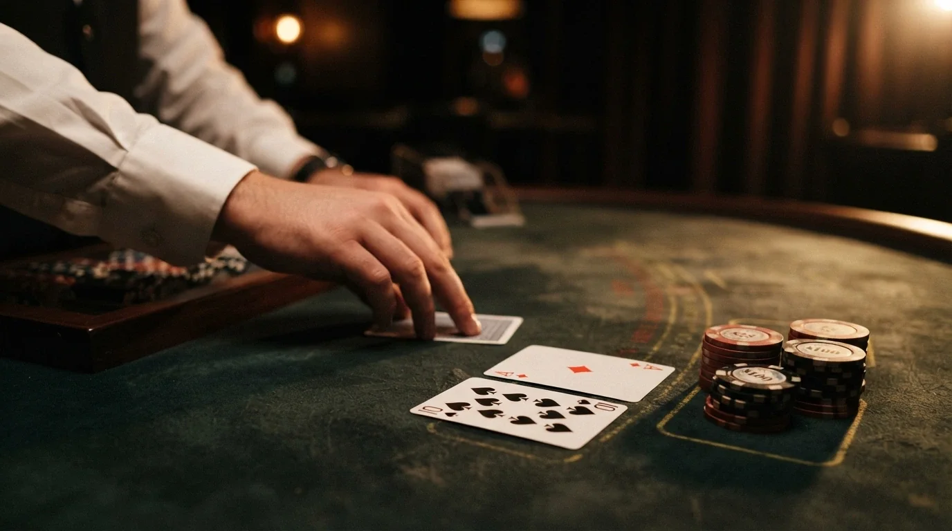 Detail živého blackjackového stolu s krupiérem a kartami
