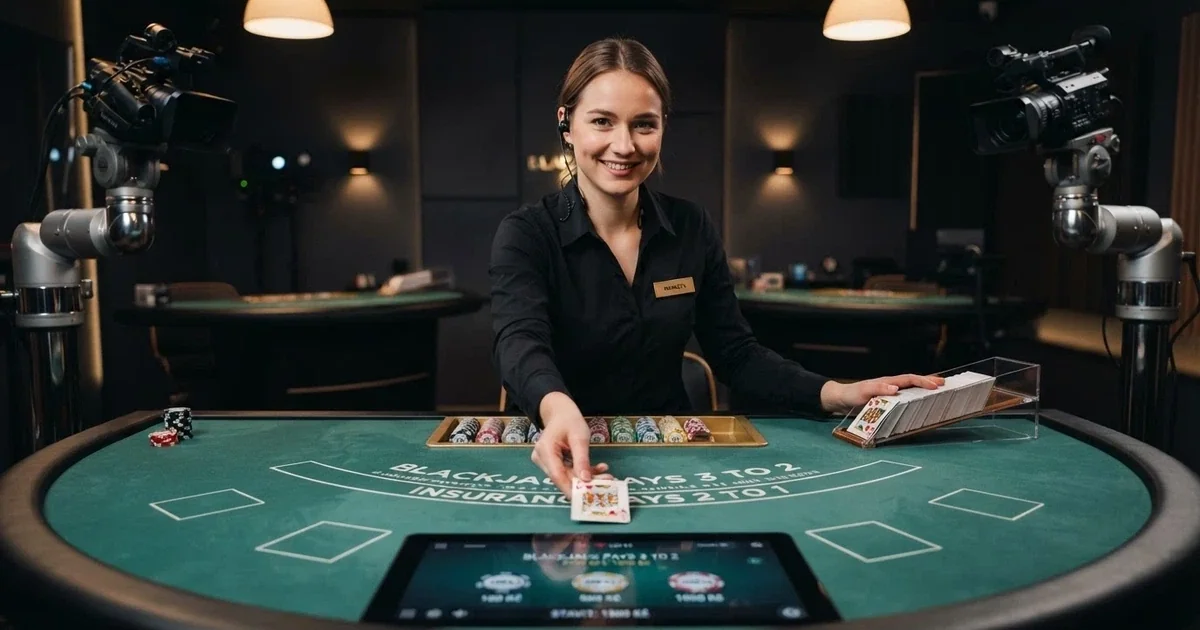 Živý krupiér rozdává karty u blackjackového stolu v herním studiu, před ním virtuální sázkové pole s českým rozhraním