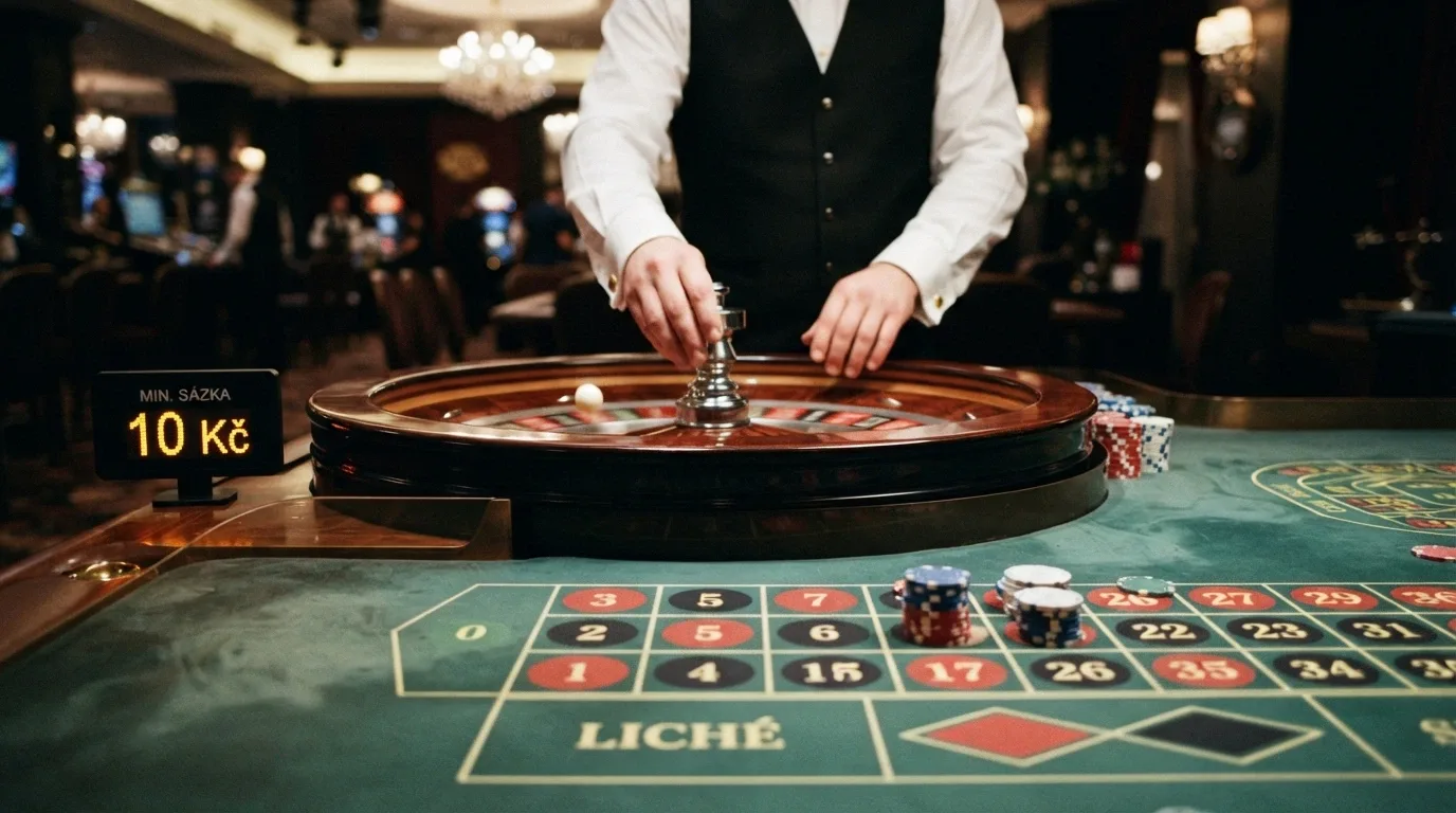 Živý dealer u rulety v profesionálním studiu, na obrazovce sázkové pole s hodnotami žetonů od 10 Kč