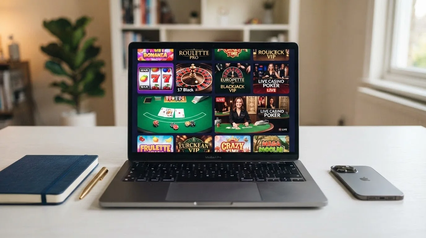 Casino lobby s dlaždicemi her od tří mezinárodních gigantů — vedle sebe slot Pragmatic Play, live studio Evolution a pokerové lobby Playtech.