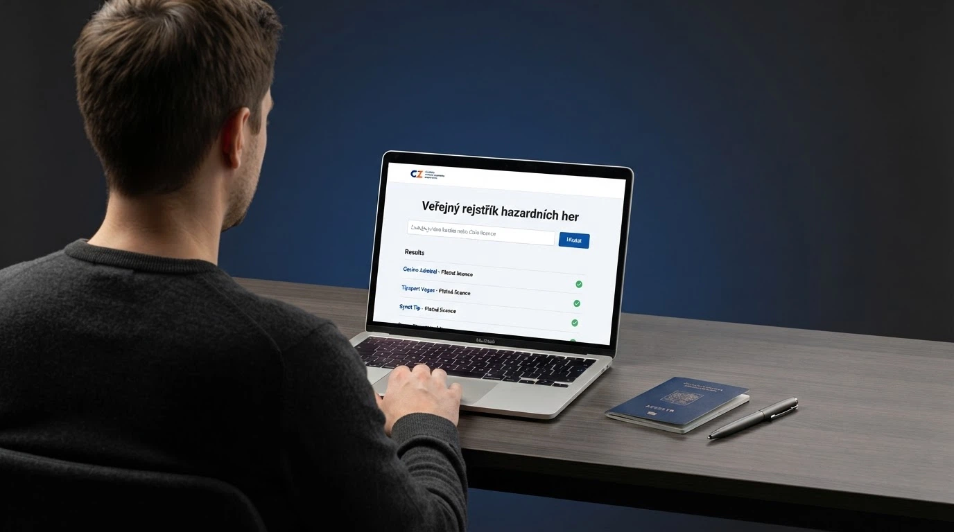 Úřední dokument s logem Ministerstva financí ČR a razítkem, vedle otevřený laptop s webovou stránkou veřejného registru