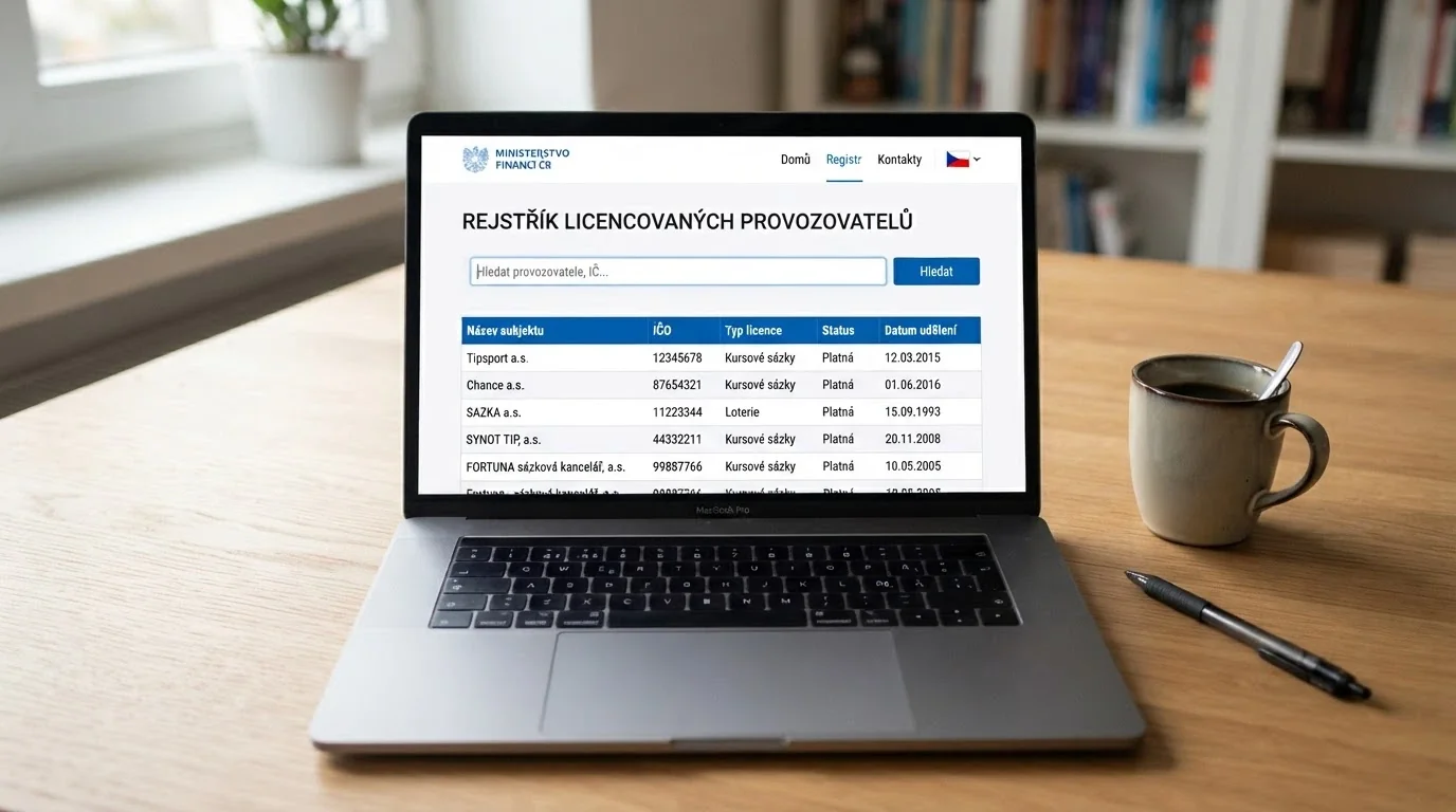 Výřez obrazovky s veřejným registrem MF ČR — seznam provozovatelů s licencí, zvýrazněné pole pro vyhledávání
