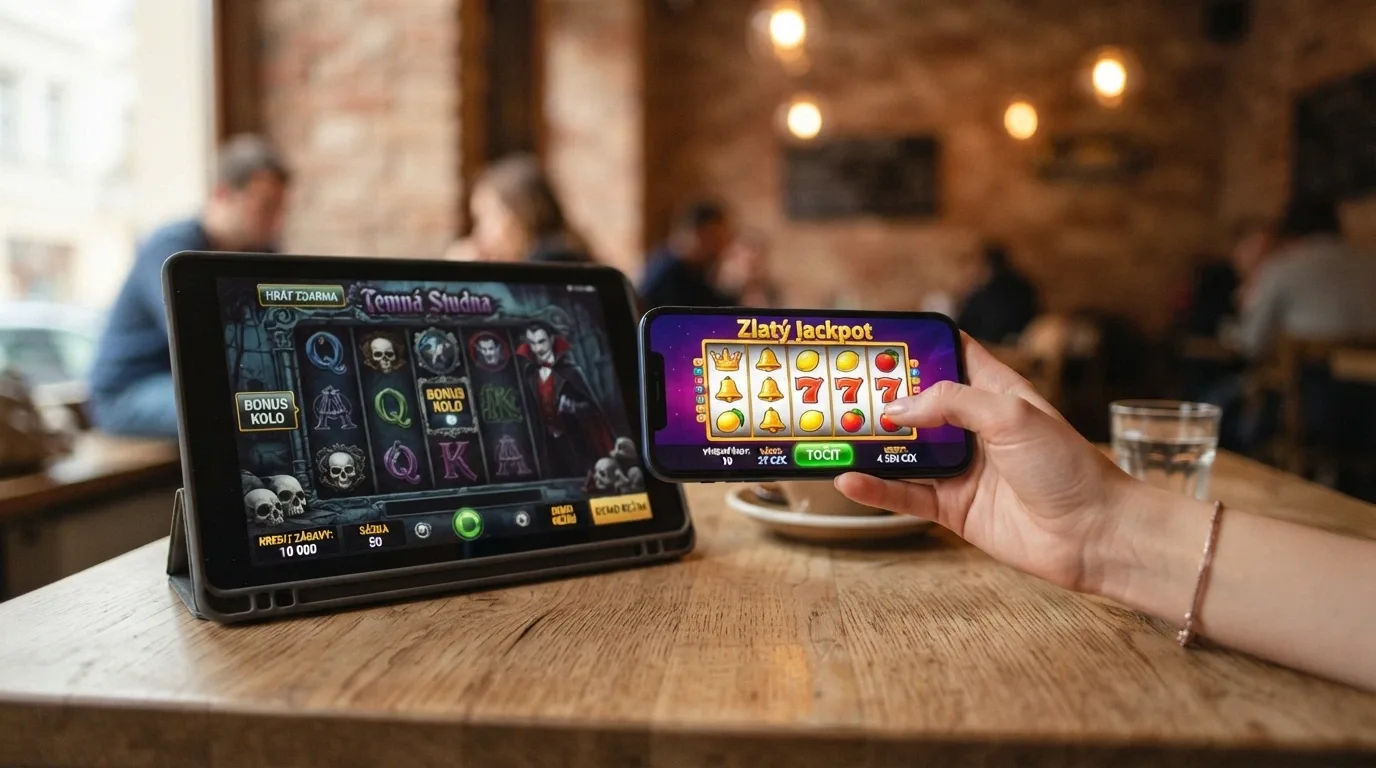 Mobilní telefon s otevřeným automatem v prohlížeči, vedle ikony sociálních casino aplikací — dvě cesty vedle sebe
