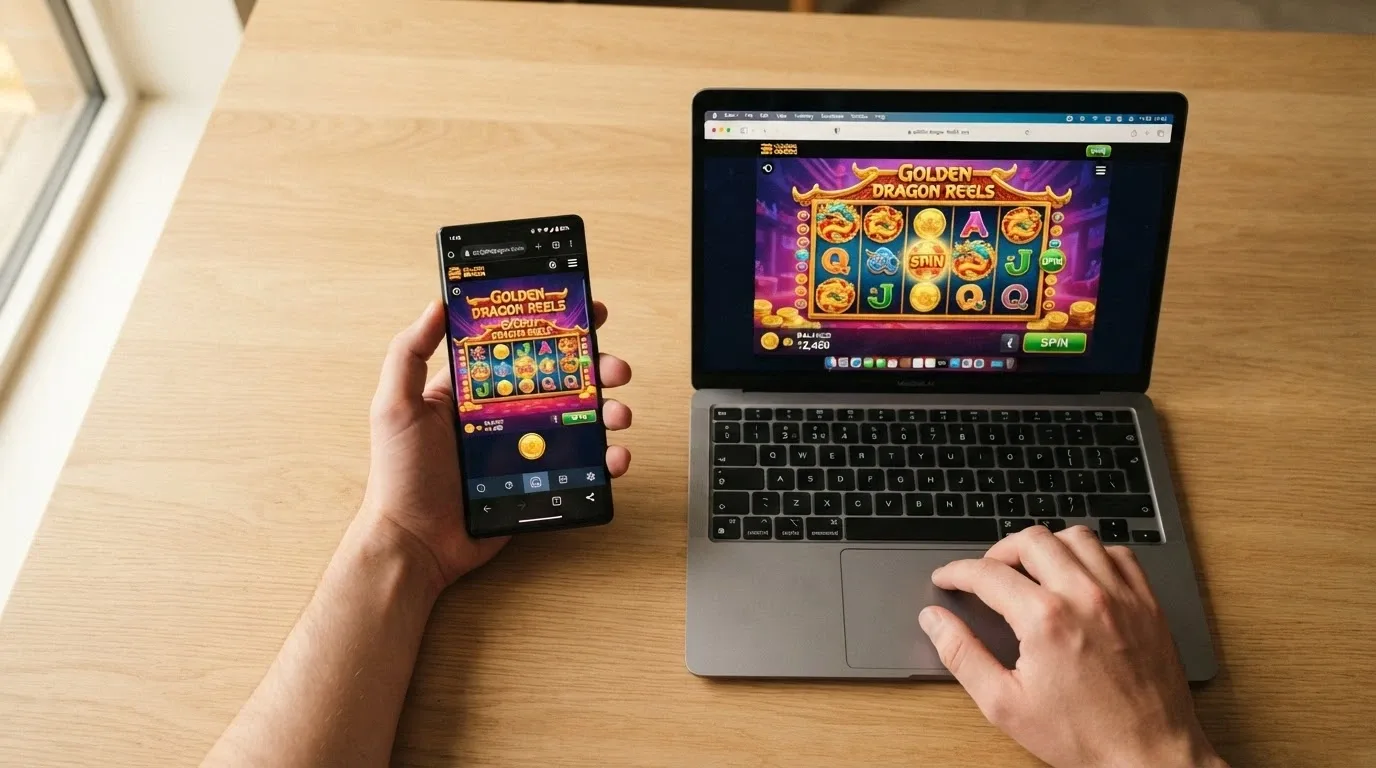 Dvě ruce — jedna s mobilem zobrazujícím casino aplikaci s free spiny, druhá s notebookem s identickou casino stránkou — vedle sebe