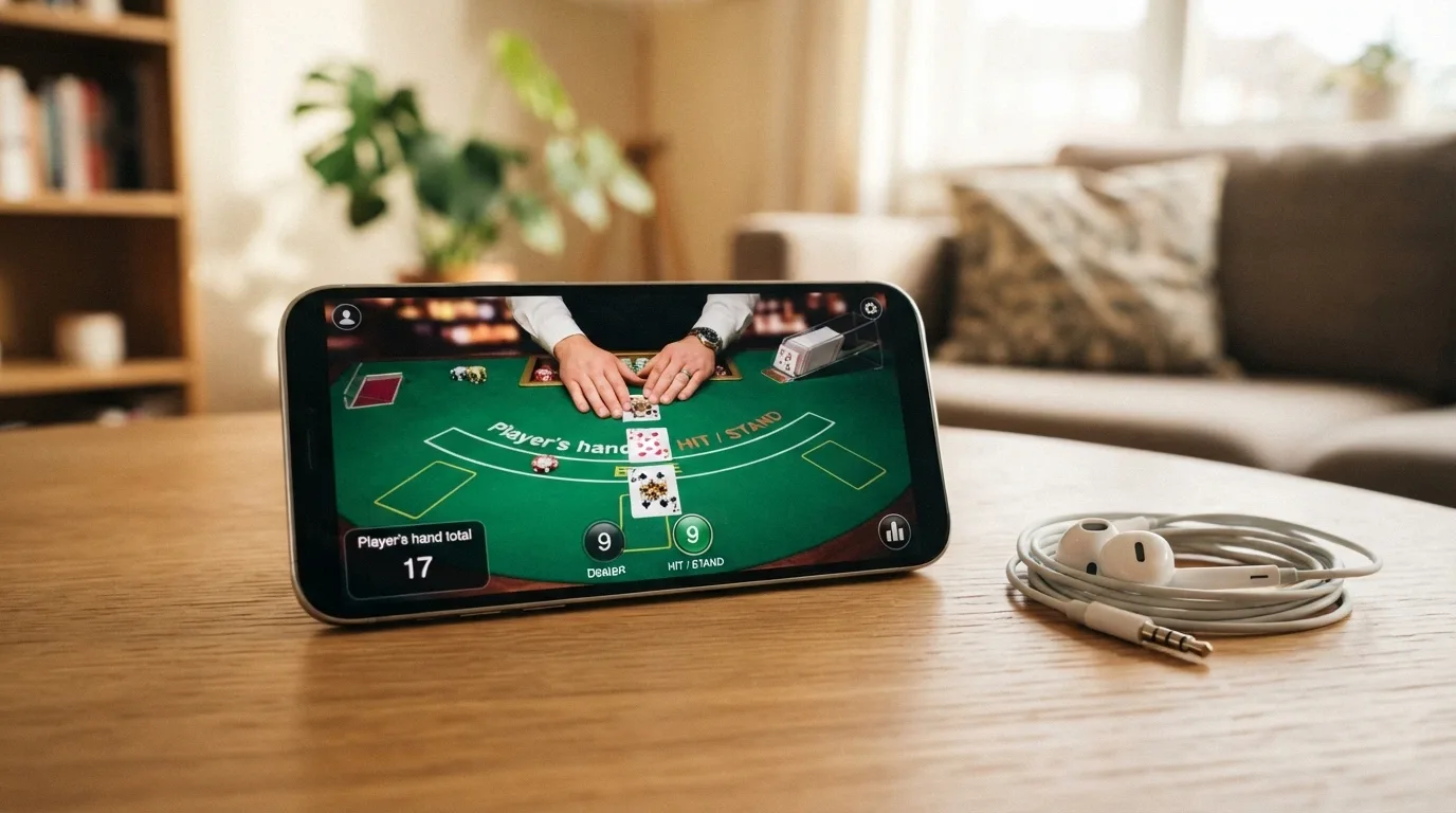 Mobilní telefon na šířku s otevřeným live blackjackovým stolem v prohlížeči, vedle něj leží sluchátka