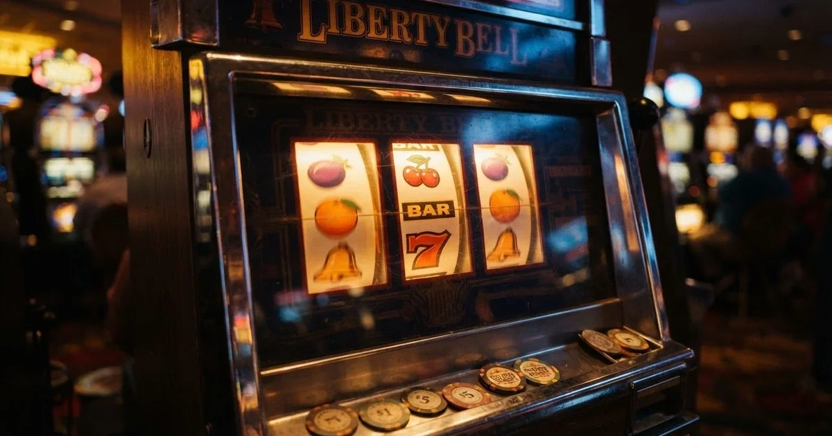Hrací automat s válci a výherními symboly nasvícený v detailním záběru