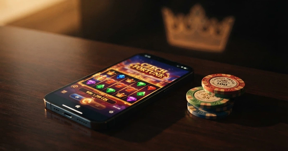 Koláž zobrazující displej s krypto kasinem, bitcoinovou peněženku na mobilu a symbol koruny — digitální hazard s kryptoměnou v českém kontextu.