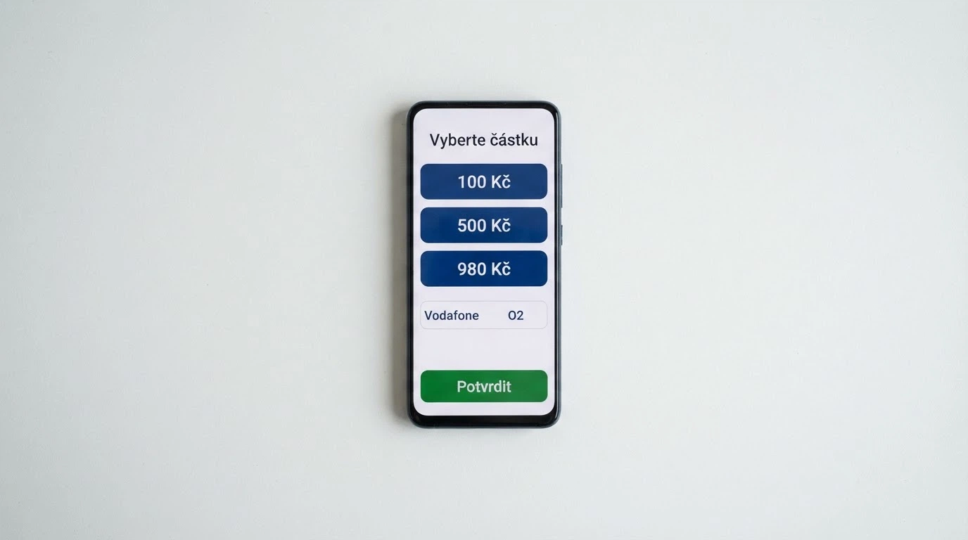 Platební brána NeteraPay na displeji mobilu s výběrem částky a výběrem operátora