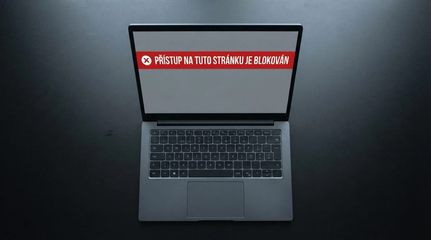 Varovný banner na obrazovce „Přístup na tuto stránku je blokován“ ve stylu oznámení Celní správy