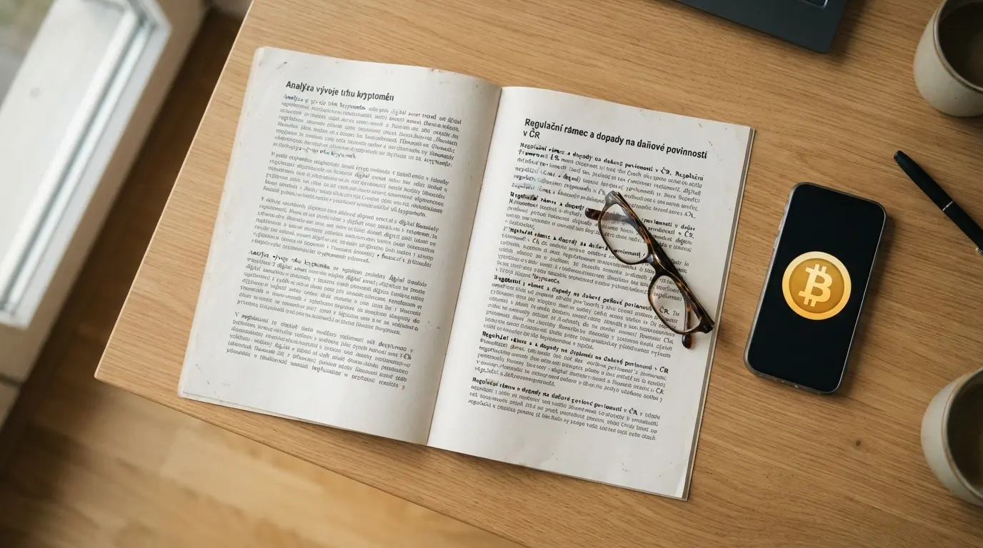 Úřední dokument s paragrafem a razítkem na stole, vedle něj bitcoin na displeji