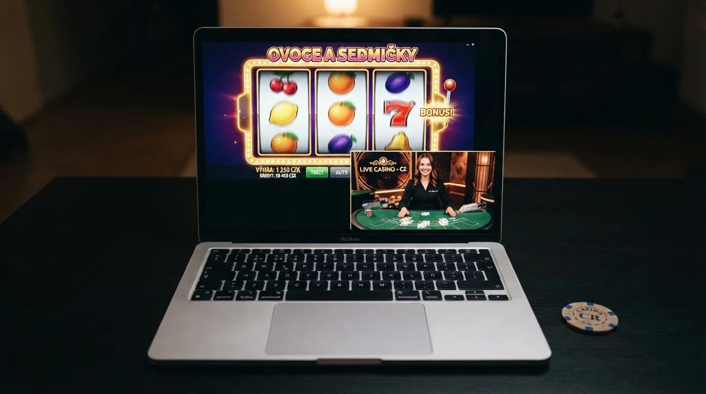 Rozhraní automatové hry s bonusovým kolem a live casino studio s krupiérem v malém okně