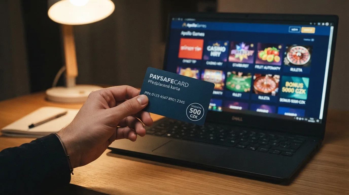 Paysafecard voucher v dlani před rozhraním online casina na notebooku
