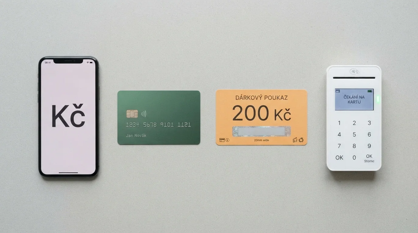 Rozložené platební karty, mobil s Apple Pay, Paysafecard voucher a bankovní aplikace vedle sebe — přehled metod, kterými lze vložit 100 Kč