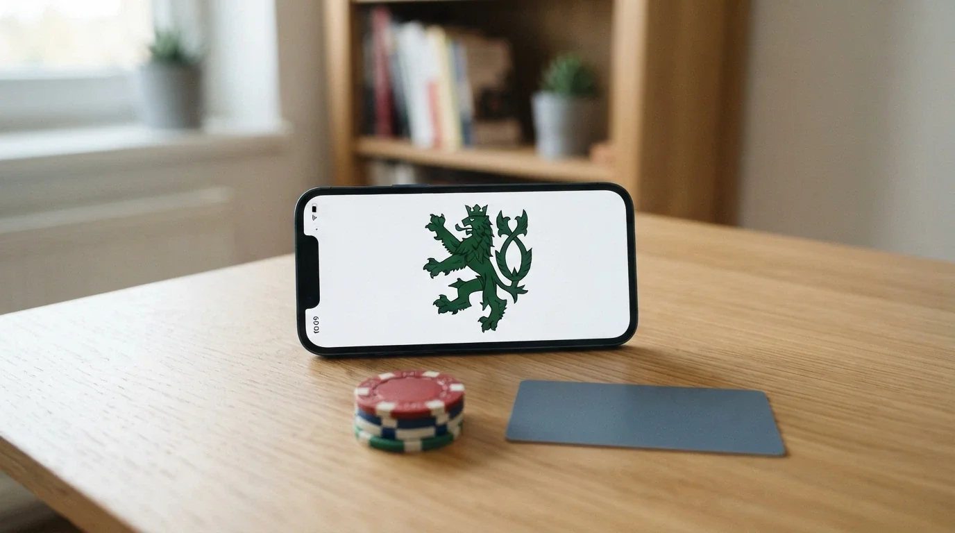 Platební karta a mobilní telefon s bankovní aplikací vedle live casina