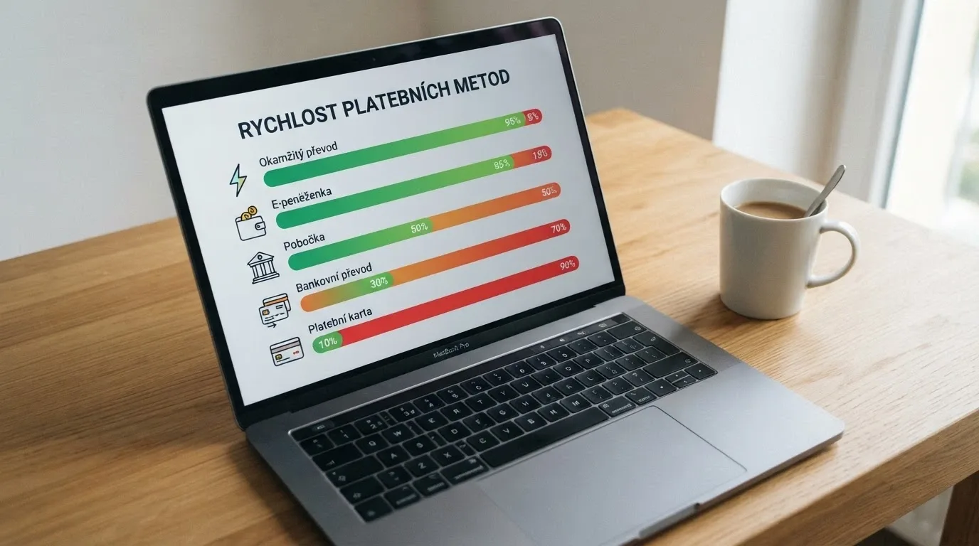 Infografika porovnávající pět platebních metod podle doby připsání výhry — od instantního převodu po bankovní převod