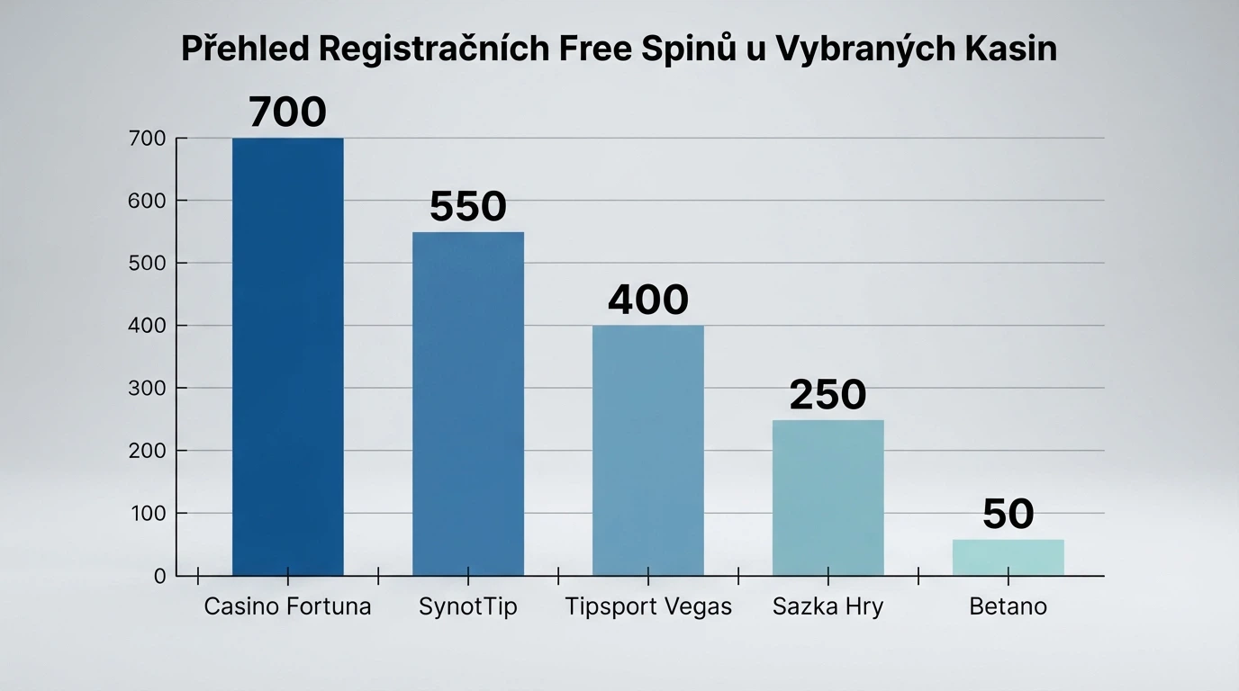Infografika porovnávající počet registračních free spinů u pěti českých operátorů — sloupce od 50 po 700 FS