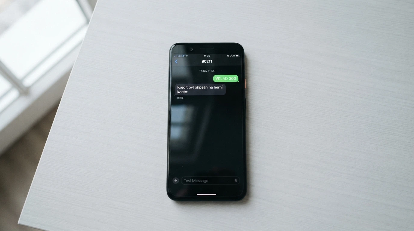 Displej telefonu s odeslanou SMS na číslo 90211 a potvrzovací zprávou o připsání vkladu