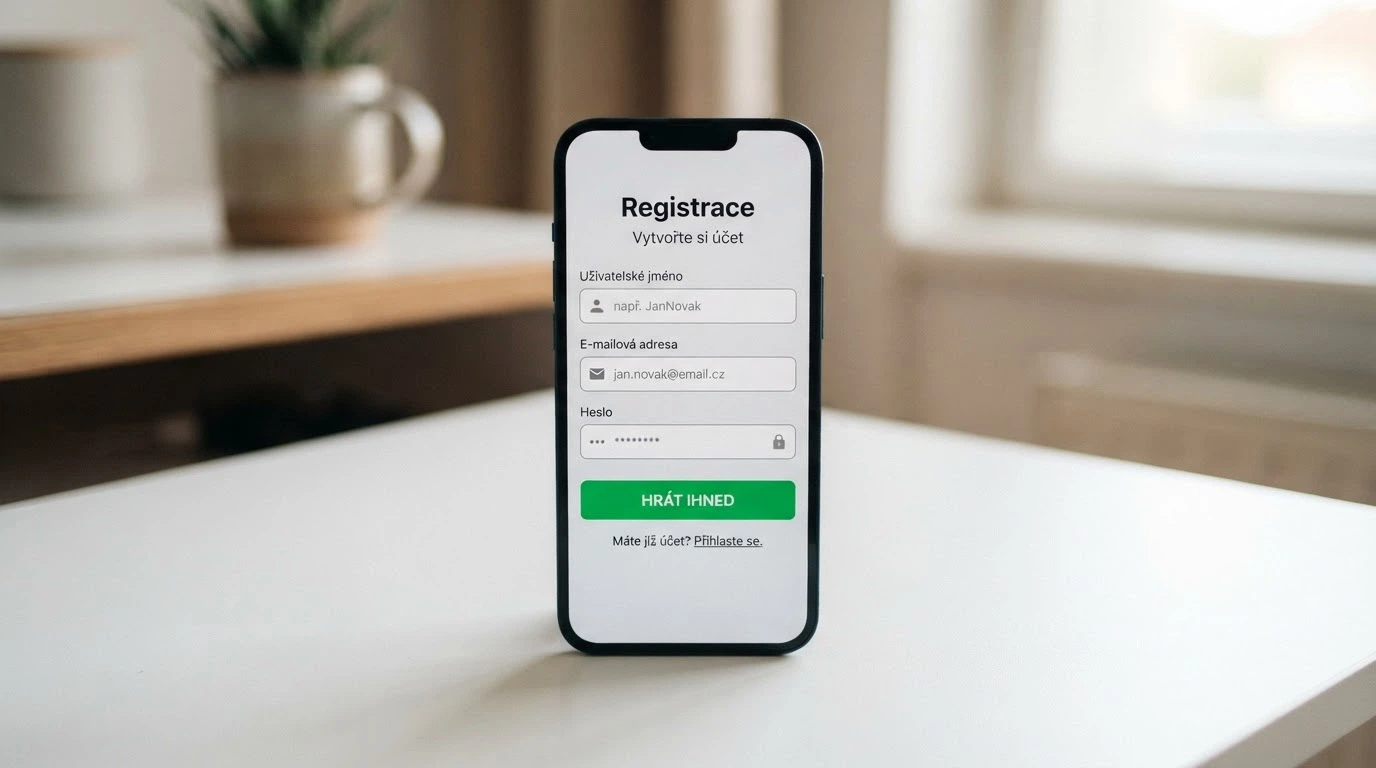Displej mobilního telefonu s vyplněným registračním formulářem — jméno, e-mail, heslo — a tlačítkem „Hrát ihned“