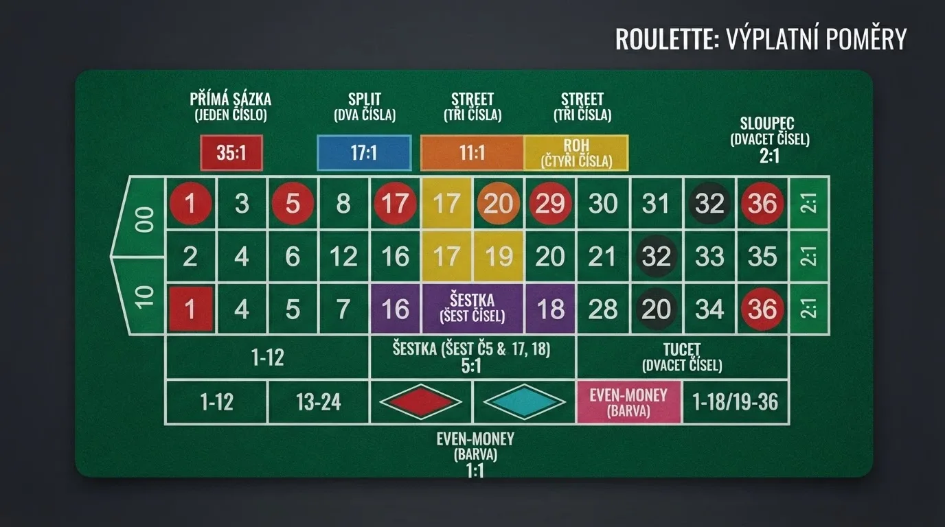 Přehled rulety s vyznačenými typy sázek a jejich výplatními poměry