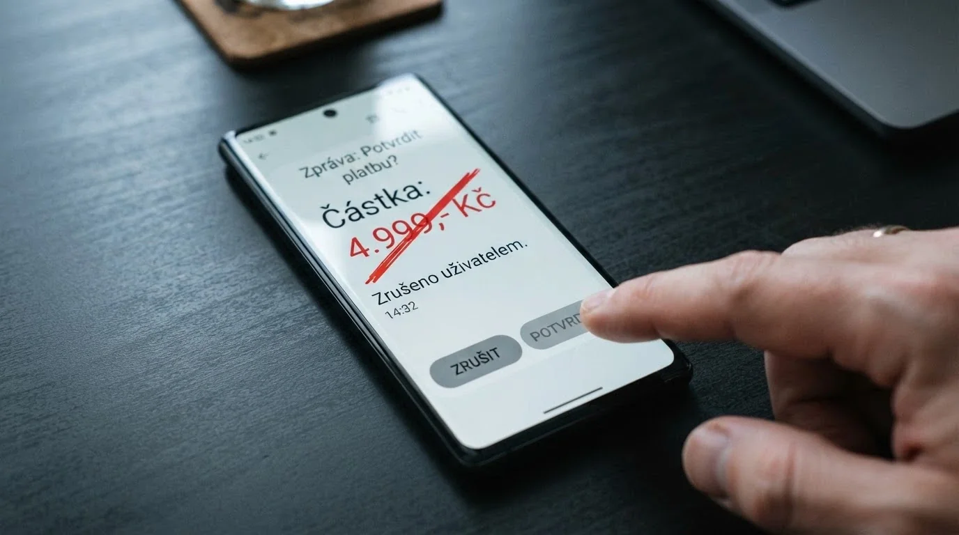 Detail mobilního telefonu s odchozí SMS platbou na obrazovce a přeškrtnutou částkou